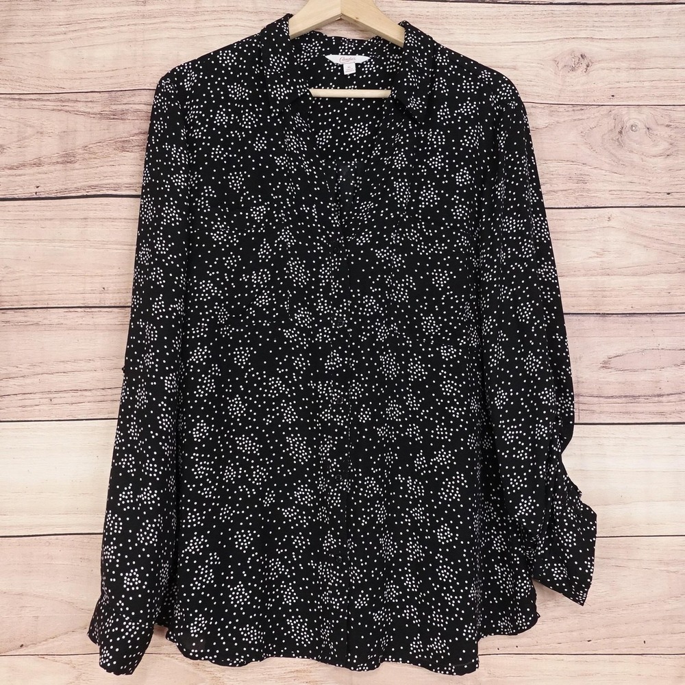 Candie's Button-Up Womens XL Black Collared Long Sleeve Polka Dot‎ Blouse